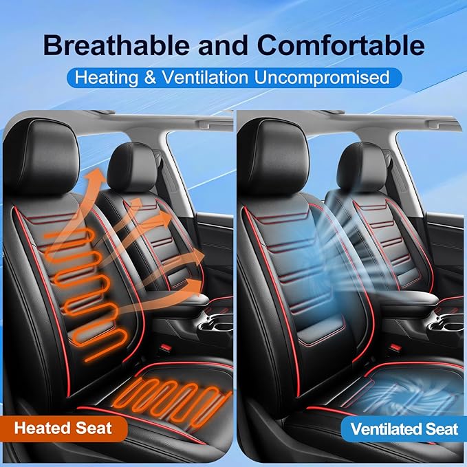 Fit Prologue Car Seat Covers (Front Pair) for Select Honda Prologue 2024-2026 - Premium Full Coverage Leather, Airbag Compatible, Waterproof & All Weather Seat Cushion Protector, Red Trim