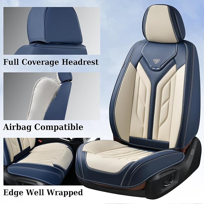 Coverado Car Seat Covers Front Seats Only, Leather Car Seat Protectors, Waterproof Seat Covers for Cars Auto Car Accessories Fit for Most Sedans SUV Pick-up Truck(Blue&Beige)