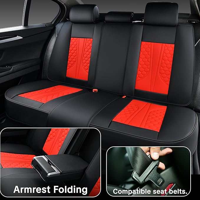 Red Car Seat Covers Full Set – Luxury Waterproof Leather Auto Seat Protector with Airbag Compatible Design, Breathable Non-Slip Cushion, Easy Installation, Fits Most Cars