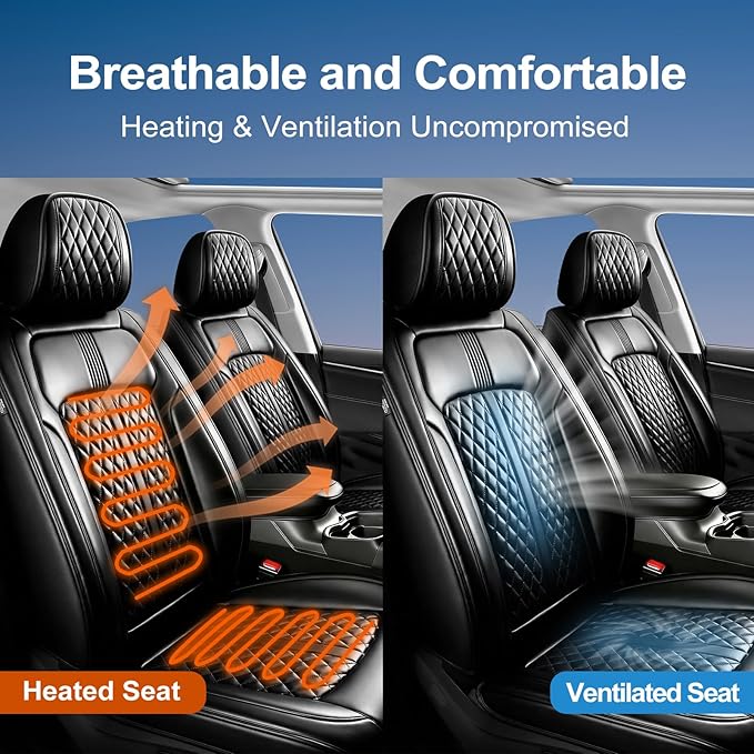 Fit Ridgeline Car Seat Covers for Honda Ridgeline 2007-2025 2026 - Premium Full Coverage Leather, Airbag Compatible, Waterproof & All Weather Seat Cushion Protector, Full Set, Black