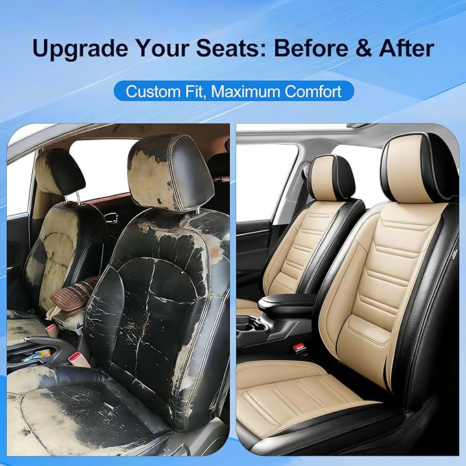 Fit Ridgeline Car Seat Covers for Select Honda Ridgeline 2007-2026 - Premium Full Coverage Leather, Airbag Compatible, Waterproof & All Weather Seat Cushion Protector, Full Set, Black+Beige
