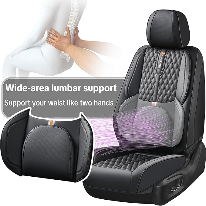 Black Car Seat Cover Complete Set, Universal Car Seat Cover for Car with Lumbar Support, Premium Artificial Leather, Waterproof and Easy to Clean, Airbag Compatible, Suitable for Most Cars