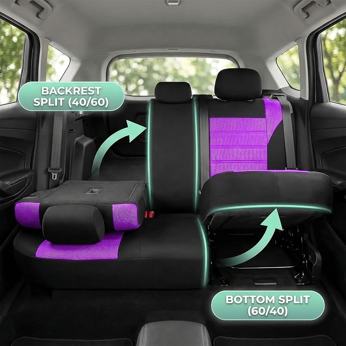 FH Group Automotive Car Seat Covers Full Set Premium 3D Air Mesh Front Seat Covers, Airbag Compatible & Split Bench Cover Universal Fit Interior Accessories for Cars Trucks and SUVs - Purple