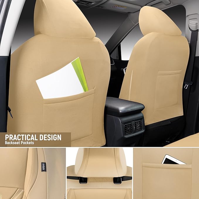 PU Leather Car Seat Covers Front Set – Waterproof seat Cover for Cars，3D Foam Support Automotive seat Covers ，Airbag Compatible, Universal Fit for Cars SUVs Trucks Sedans（Khaki）
