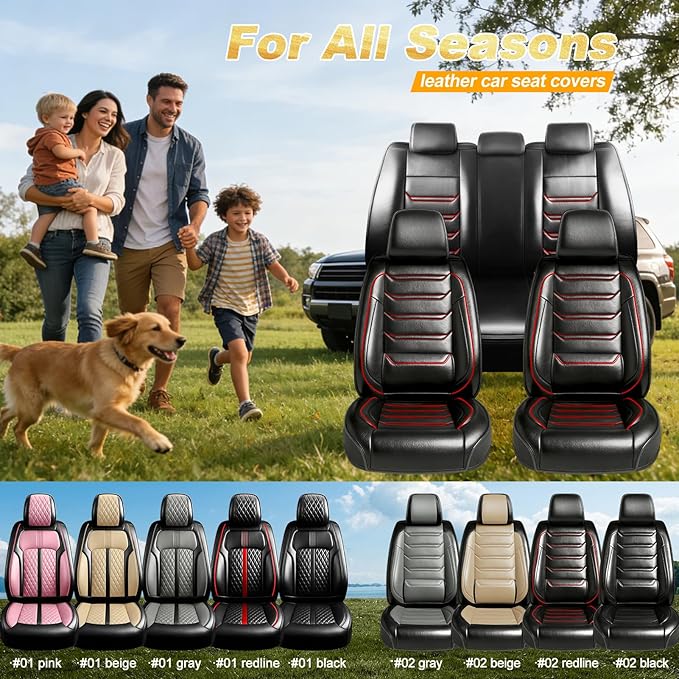 Fit Ridgeline Car Seat Covers for Select Honda Ridgeline 2007-2026 - Premium Full Coverage Leather, Airbag Compatible, Waterproof & All Weather Seat Cushion Protector, Full Set, Red Trim