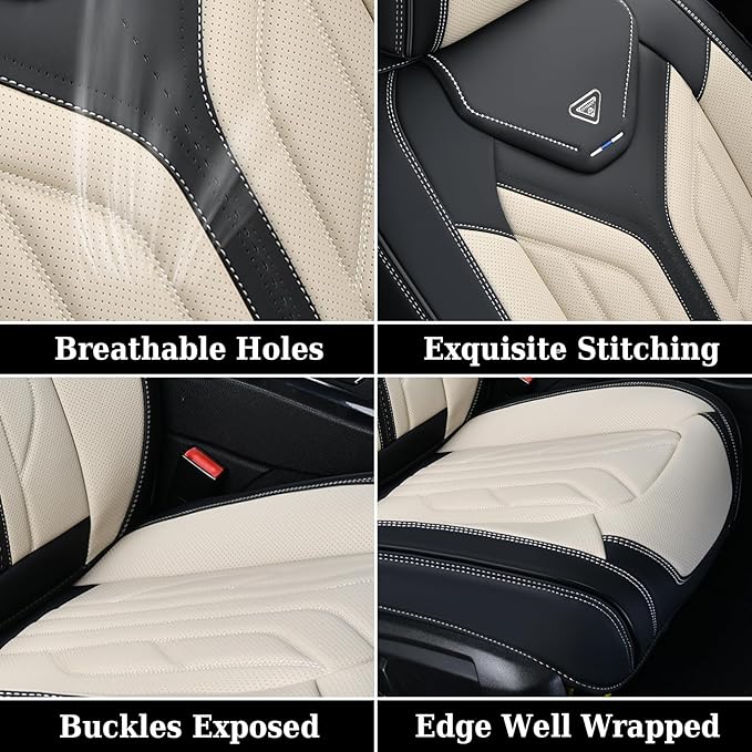 Coverado Seat Covers, Car Seat Covers Full Set, Leather Seat Covers for Cars, Automotive Seat Covers Car Seat Protector Car Accessories Fit for Most Sedans SUV Pick-up Truck(Black&Beige)
