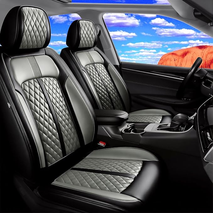 Fit Ridgeline Car Seat Covers for Select Honda Ridgeline 2007-2026 - Premium Full Coverage Leather, Airbag Compatible, Waterproof & All Weather Seat Cushion Protector, Full Set, Black+Gray