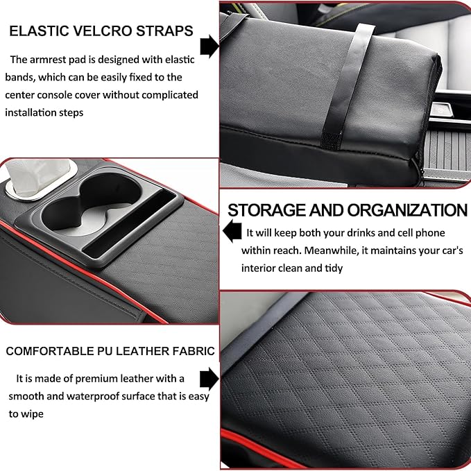 Center Console Cover,Car Armrest Cushion Multifunctional with 2 Storage Bags Cup Holder,Phone Slot,Tissue Box Slot for Most Cars Accessories Interior Organizers-Black+Red 13.8x7.9 in