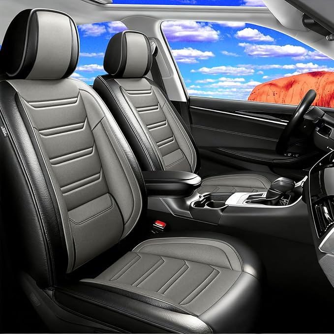 Fit CRV Car Seat Covers for Select Honda CR-V 2011-2026 - Premium Full Coverage Leather, Airbag Compatible, Waterproof & All Weather Seat Protector, Airbag Compatible, Front Pair Black+Gray