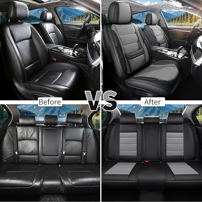 Car Seat Covers Full Set Custom Fit for Ford Fusion 2007-2020 - Premium Faux Leather with Lumbar Support, Waterproof, Breathable, Anti-Slip, Easy to Install &Protectors (Black&Gray,Full Set)