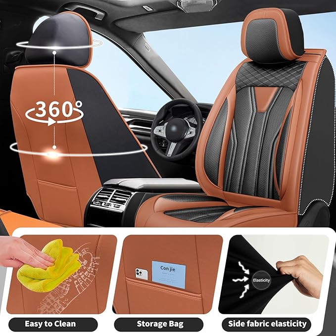 Fit Frontier Car Seat Covers Premium Leather for Nissan Frontier 2009-2025 2026. Waterproof， Breathable, Scratch-Resistant & All-Weather Seat Cushion Protector（Front Seat,Brown&Black
