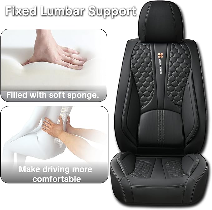 Black Leather Car Seat Covers - Luxury Waterproof Car Seat Covers with Lumbar Support, Non-Slip Base, and Airbag Compatibility; Suitable for Sedans, Suvs, and Pickups.