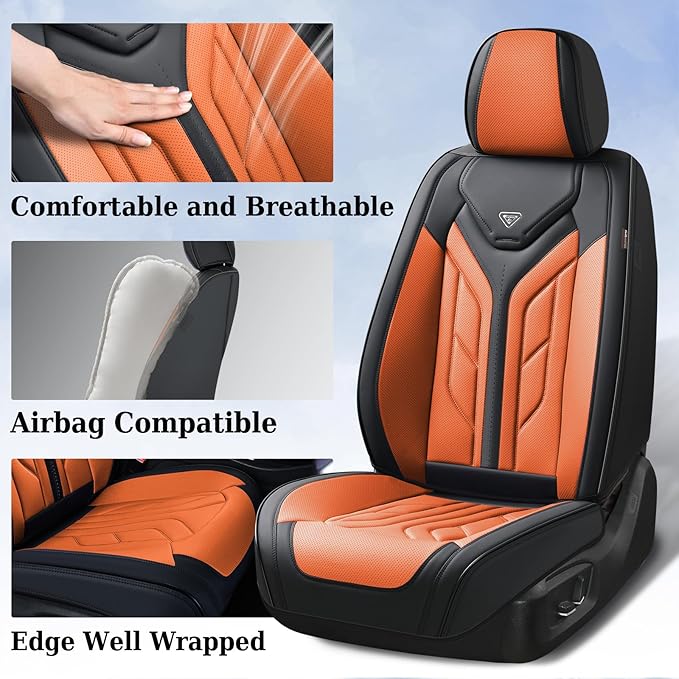 Coverado Car Seat Covers Full Set, Automotive Seat Covers Car Seat Protector Car Seat Cushion, Waterproof Leather Seat Covers for Cars, Universal Fit for Most Sedans SUV Pick-up Truck(Black&Orange)