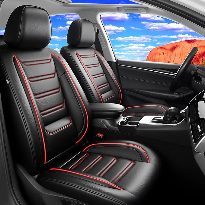 Fit Prologue Car Seat Covers (Front Pair) for Select Honda Prologue 2024-2026 - Premium Full Coverage Leather, Airbag Compatible, Waterproof & All Weather Seat Cushion Protector, Red Trim