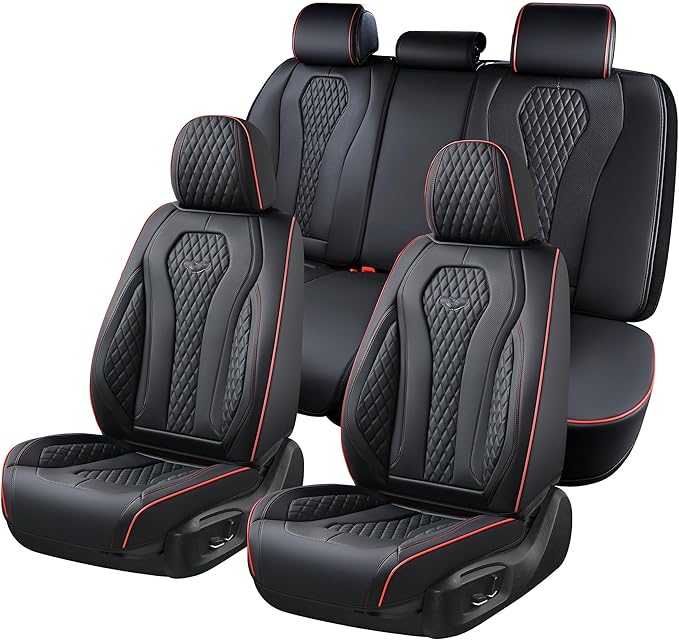 Coverado Car Seat Covers Full Set, Black Seat Covers, Waterproof Car Seat Cover, Car Seat Cushion, Car Seat Covers Front Seats Back Seat Covers, Car Seat Protector Universal Fit Most Cars Red Line