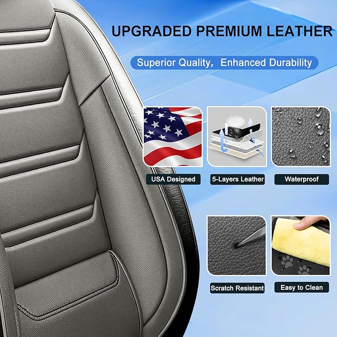 Fit Insight Car Seat Covers for Honda Insight 2010-2022 Premium Leather, Airbag Compatible, Scratch-Resistant, Waterproof All Weather Seat Protector, Airbag Compatible, Front Pair Black+Gray
