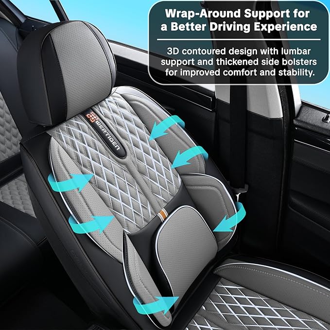 Car Seat Cover Full Set, Universal Car Seat Cover for Cars, Black and Gray, with Lumbar Support, Premium Artificial Leather, Waterproof and Easy to Clean, Airbag Compatible