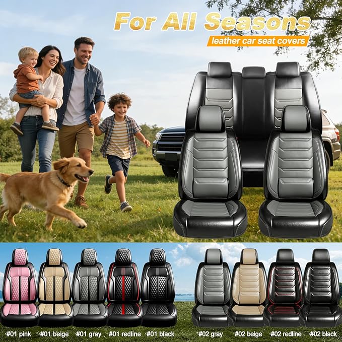 Car Seat Covers for Select Honda Fit 2007-2020, Premium Full Coverage Leather, Airbag Compatible& Scratch-Resistant, Waterproof & All Weather Breathable Seat Protector, Front Pair Black+Gray