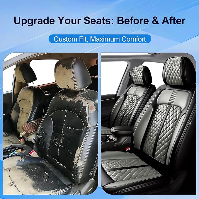 Fit HR-V Car Seat Covers for Honda HRV 2016-2025 2026 LX/EX/EXL/Sport - Full Coverage Leather, Airbag Compatible, Breathable Waterproof All Weather Seat Protector, Front Pair Black+Gray