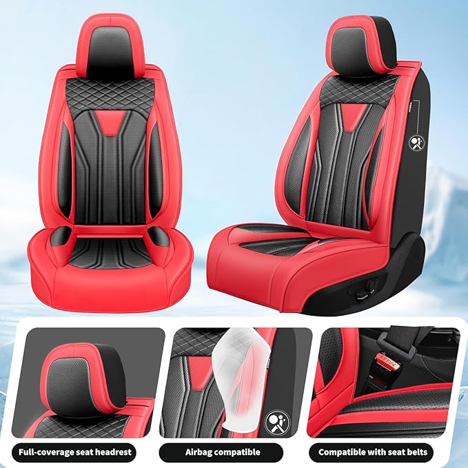 Fit Frontier Car Seat Covers Premium Leather for Nissan Frontier 2009-2025 2026. Waterproof， Breathable, Scratch-Resistant & All-Weather Seat Cushion Protector（Full Set,Red&Black