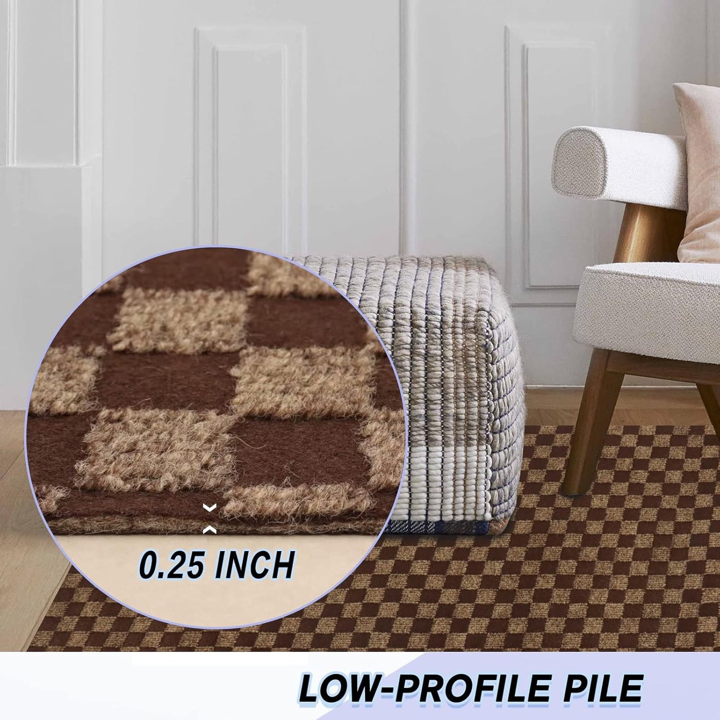 Custom Size Backed Non-Slip Area Rugs Runner, Easy Clean, Waterproof Runner Rugs for Hallway Entryway, Kitchen, Laundry, 4FT x 23FT, Brown Checkered