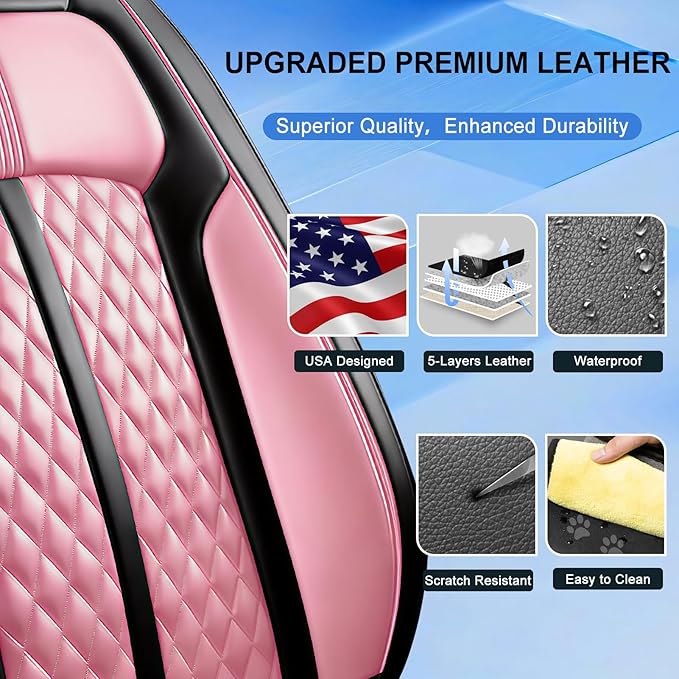 Fit Civic Car Seat Covers for Honda Civic 2020-2026 Sedan(Not for Coupe) - Premium Full Coverage Leather, Waterproof All Weather Breathable Seat Cushion Protector, Front Pair Black+Pink