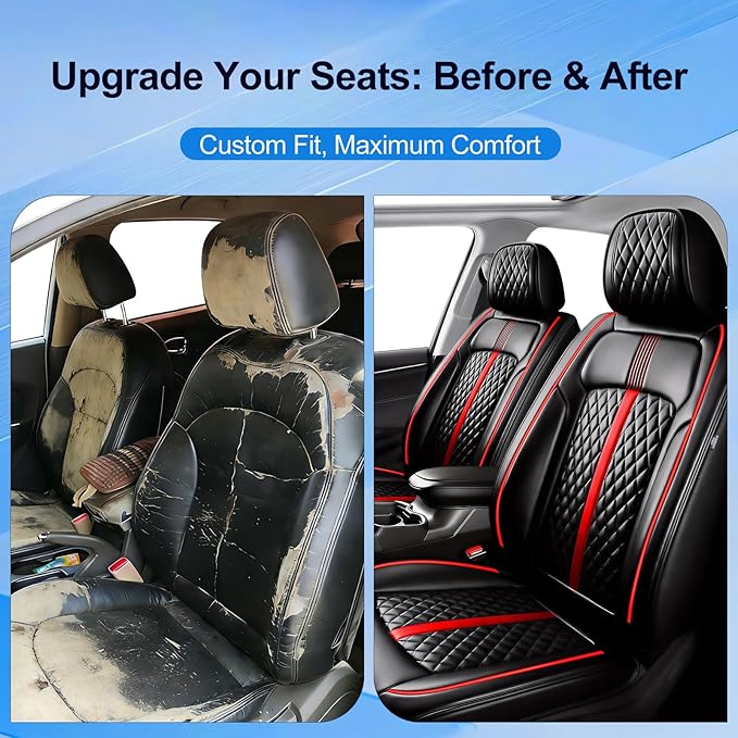 Fit HR-V Car Seat Covers for Select Honda HRV 2016-2025 2026 LX/EX/EXL/Sport - Full Coverage Leather, Waterproof & All Weather Seat Cushion Protector, Full Set, Black with Red Trim