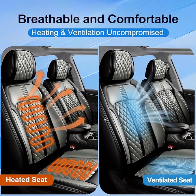 Fit HR-V Car Seat Covers for Honda HRV 2016-2025 2026 LX/EX/EXL/Sport - Full Coverage Leather, Airbag Compatible, Breathable Waterproof All Weather Seat Protector, Front Pair Black+Gray