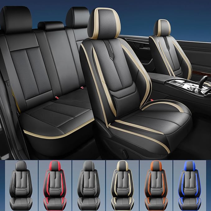 Fit Insight Car Seat Covers for Honda Insight 2010-2021 2022-Upgraded Premium Waterproof & Breathable Leather,Airbag Compatible,All-Weather Seat Cushion Protector,Full Set,Black-Beige