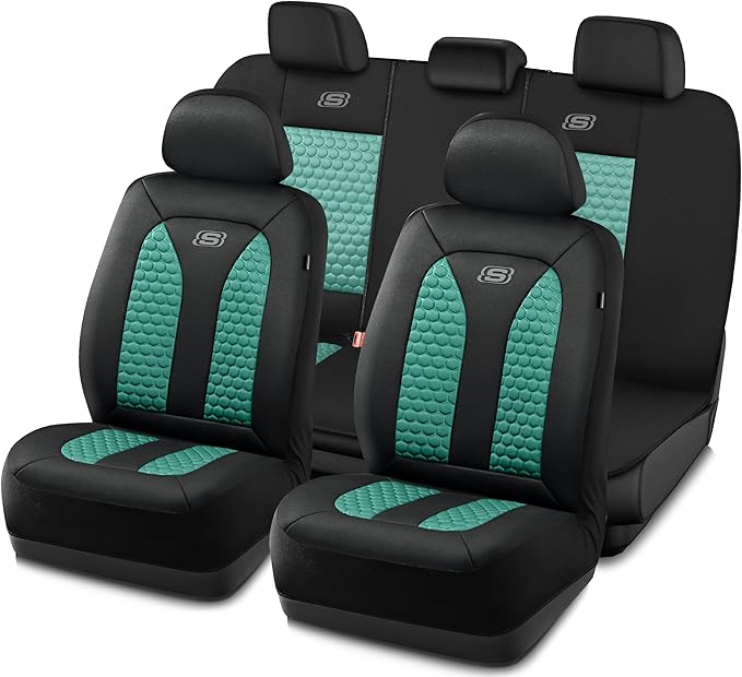 Skechers Memory Foam™ Car Seat Cover Full Sets, Hexcomb Breathable Thick Seat Covers, Airbag Compatible, Automotive Comfort & Protection for Most Cars,Van,Trucks, SUVs (Green,Full Set)