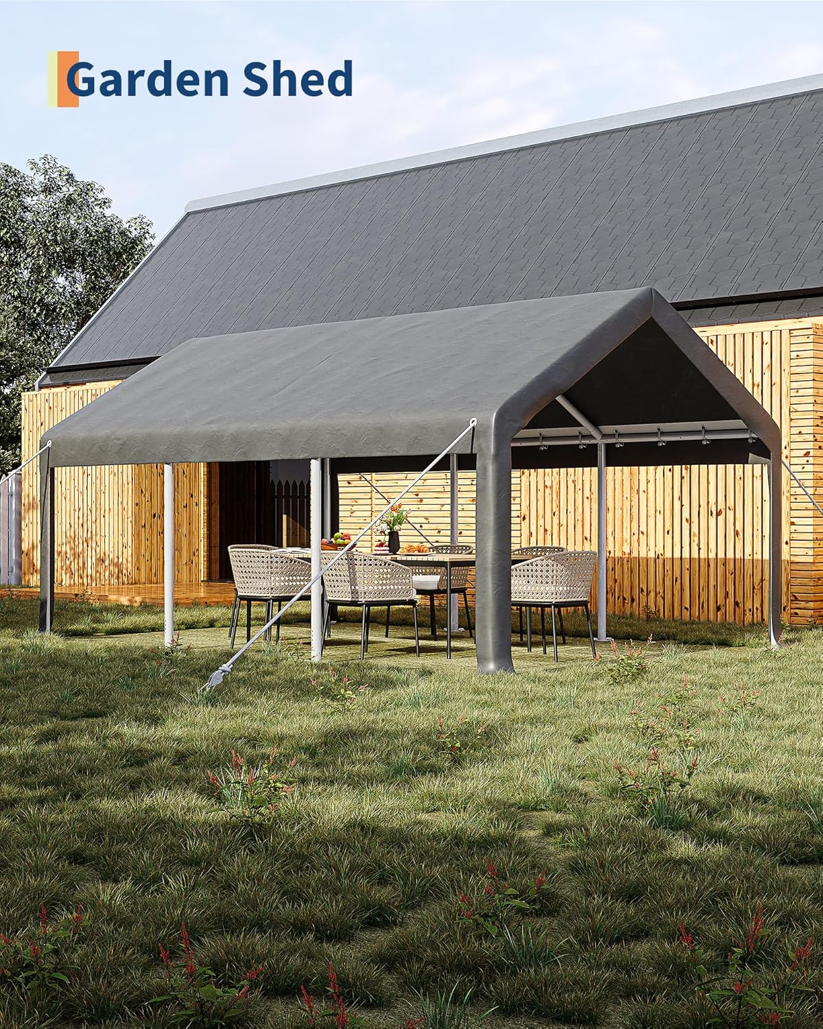 12x20 Ft Carport, Car Port with 200g PE Tarp, Roll-Up Doors, and 4 Windows, for Full-Size Pickups, Bass Boats, Tractors, and SUVs, Gray