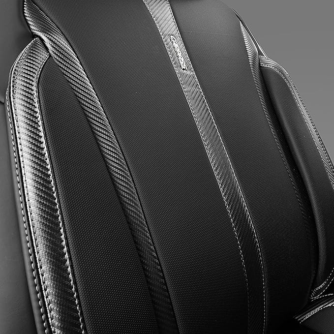 CAR PASS Nappa Leather Car Seat Covers Cushioned, Waterproof Leatherette Seat Covers Anti-Slip 5 Seats, Universal for Cars,SUV,Pick-Up,Truck,Sedan,Vehicles Sports(Full Set Black Charcoal Carbon Fiber)