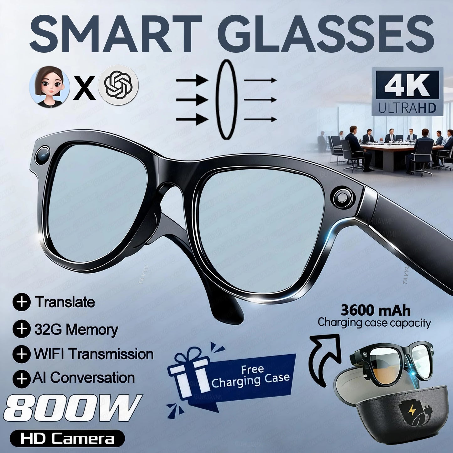 2026 New 3600mAh Large Capacity Smart Glasses 800W Pixel Anti-shake Camera 120+Language Translation Video Recording Call Glasses