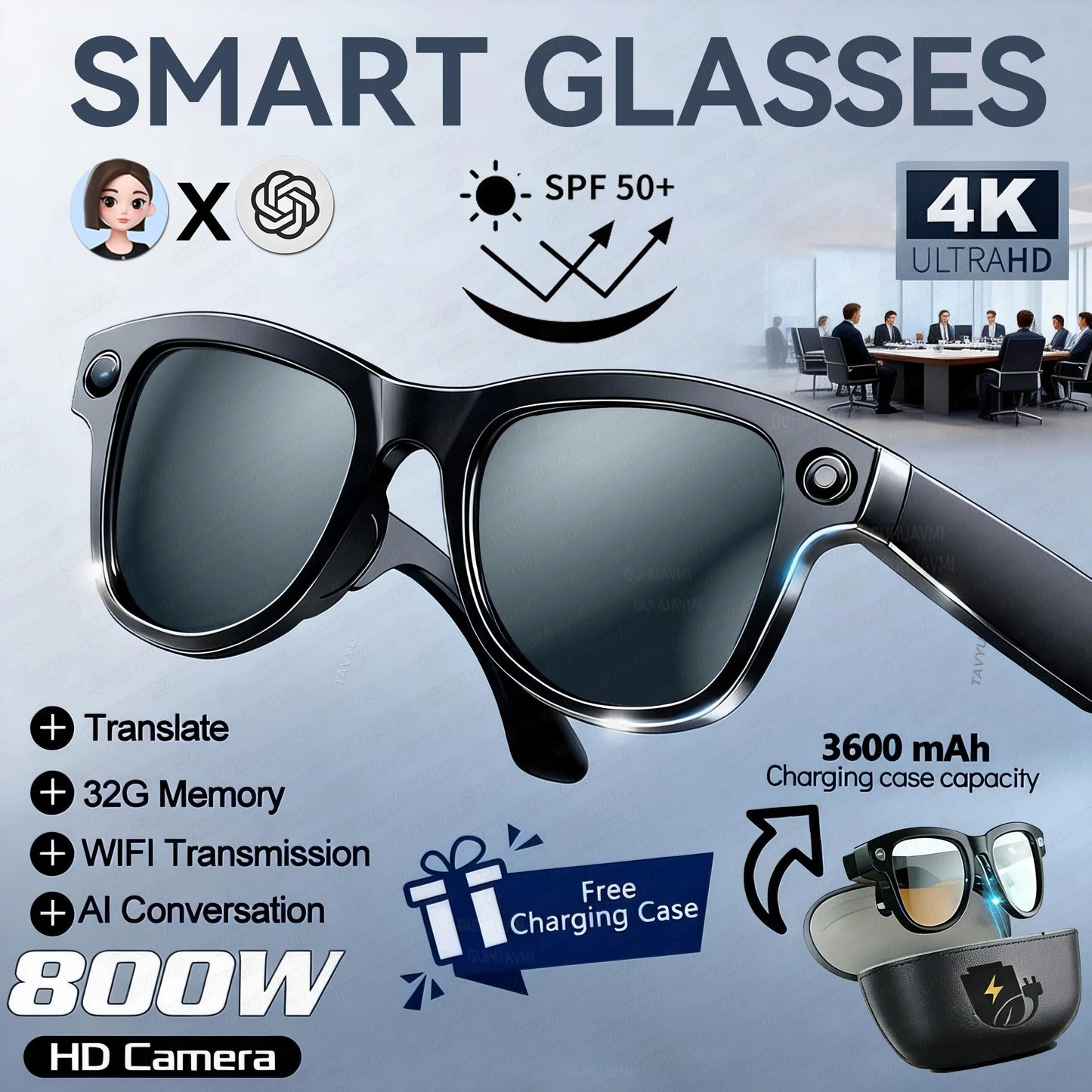2026 New 3600mAh Large Capacity Smart Glasses 800W Pixel Anti-shake Camera 120+Language Translation Video Recording Call Glasses