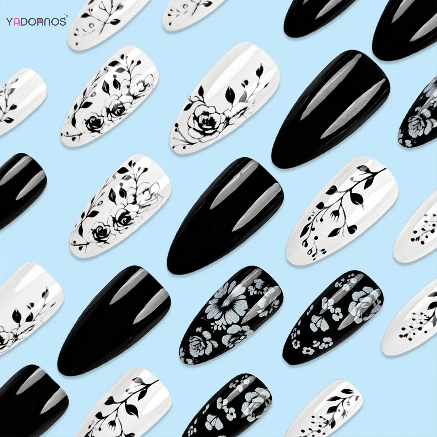 Black White Floral Almond Nails