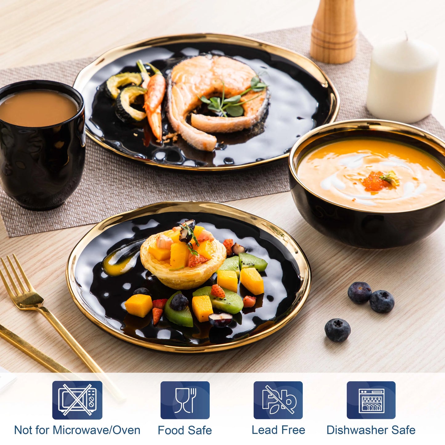 LOVECASA Black Gold Dinnerware Set