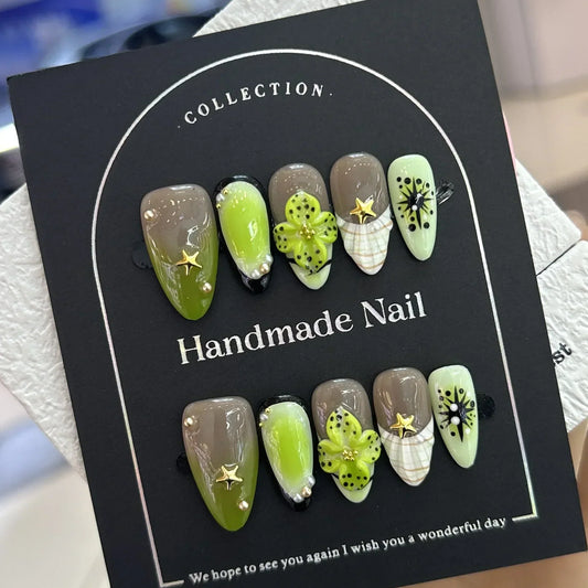 Gradient Green Floral Almond Nails